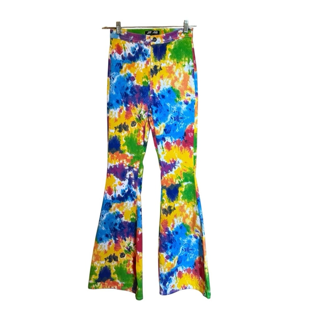 JC & JQ Bell Bottom Flare Leg Rainbow Tie Dye Hippy Jeans Juniors L READ